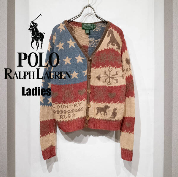 レディース M / 90s POLO RALPH LAUREN COUNTRY ポロカントリー コットン リネン ハンドニット カーディガン RL92 1992 星条旗柄 古着 希少