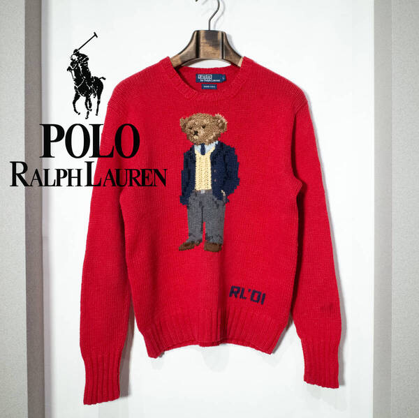 L / 00s POLO by RALPH LAUREN ラルフローレン HAND KNIT 2001 ポロベア 赤 リネンコットン 長袖 ニット セーター カニエウエスト 古着