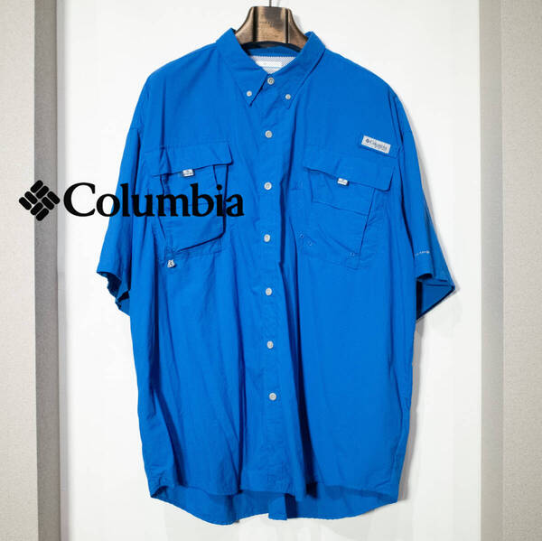 2XL / Columbia PFG コロンビア ナイロン ポリエステル 半袖 フィッシング シャツ OMNI SHADE ブルー 青 オーバーサイズ アウトドア 古着