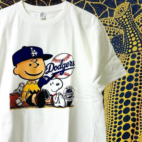 Dodgers スヌーピー 半袖 Tシャツ 新品 お洒落 XL 2XL ホワイト ドジャース リプリント 非公式 スヌーピー ハイデザイン 野球