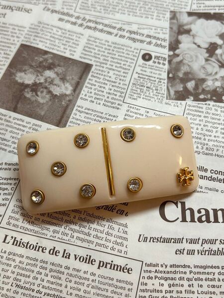 美品 TORY BURCH トリーバーチ ラインストーン ロゴ ゴールド ベージュピンク ヘアバレッタ ヘアクリップ