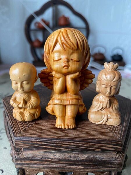 送料無料 木彫り 可愛い天使 置物/お守り/縁起物 美術品 工芸品 仏教美術 オブジェ 仏像 セット 根付