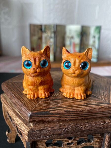 送料無料 縁起物柘植木彫り 可愛い 猫ちゃん セット インテリア オブジェ 置物 ネコ