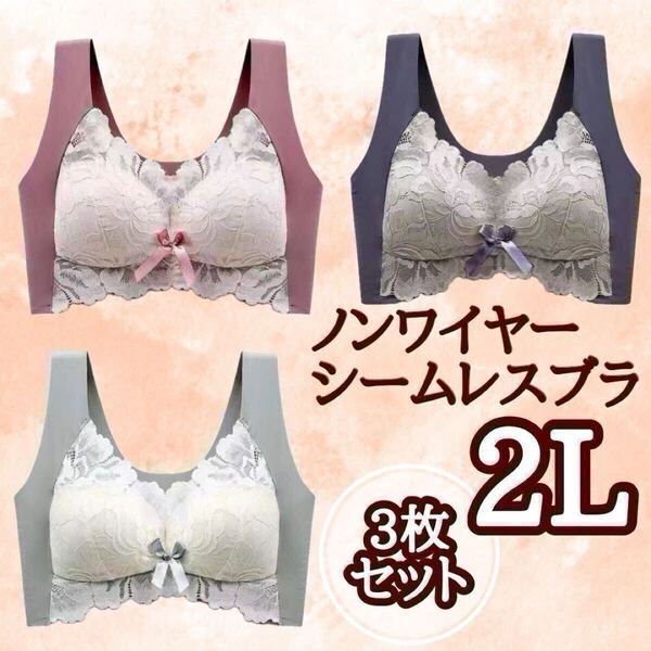 2L シームレスブラ ナイトブラ ノンワイヤー 大きいサイズ ゆったり 3枚 ブラ ブラジャー