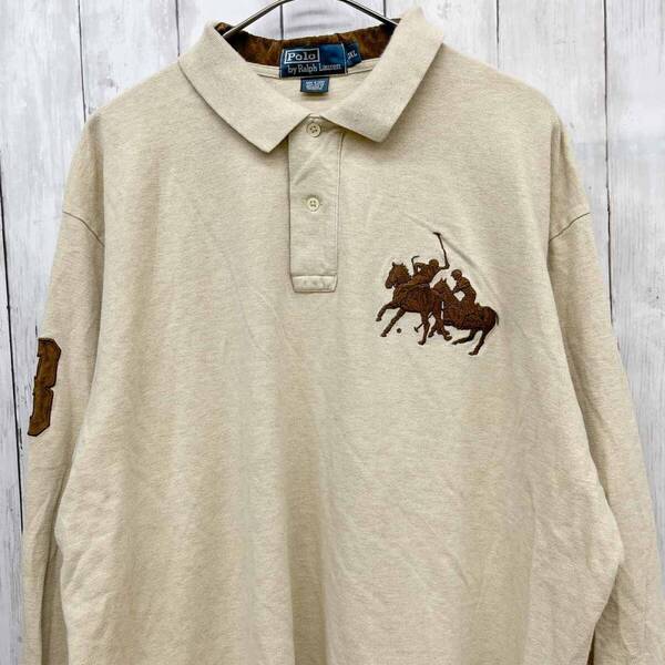 ラルフローレン Ralph Lauren 長袖ポロシャツ ベージュ ワンポイント ビッグダブルポニー メンズ スウェード コットン100% XXLサイズ 6-356