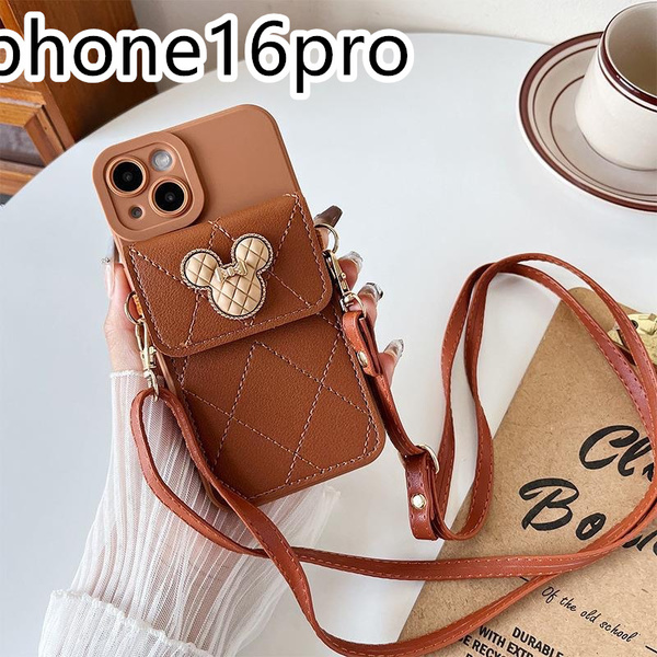 iphone16proケース カーバー ショルダー付き 可愛いお洒落 高品質 茶色1a