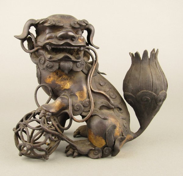 優品!! 金工細工『古銅 親子獅子置物』明治期 高18㎝/ 3.45