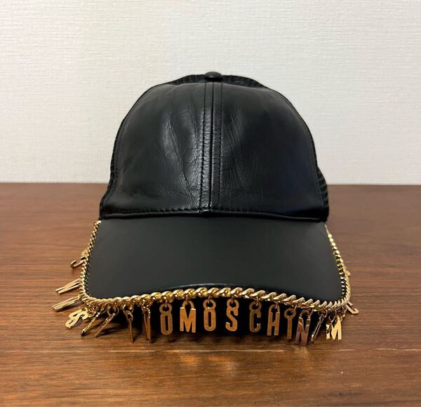 価格交渉可 レア 未使用 H&M MOSCHINO コラボ キャップ ゴールドカラーチャーム付き レザー × メッシュ ブラック サイズフリー