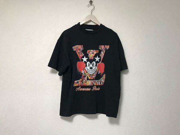 本物オーサムAWESOMEコットンパロディプリント半袖Tシャツメンズサーフビジネススーツモードゴルフドレスバイカー黒ブラックSイタリア製