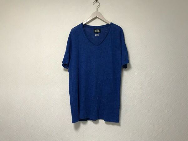 本物ビームスBEAMSリネン麻Vネック半袖Tシャツメンズサーフアメカジミリタリービジネススーツモードゴルフドレスバイカー青ブルー柄L