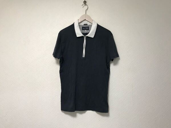 本物アルマーニジーンズARMANI JEANS AJコットンハーフジップロゴ刺繍半袖ポロシャツメンズサーフゴルフドレスダークグレーXLペルー製