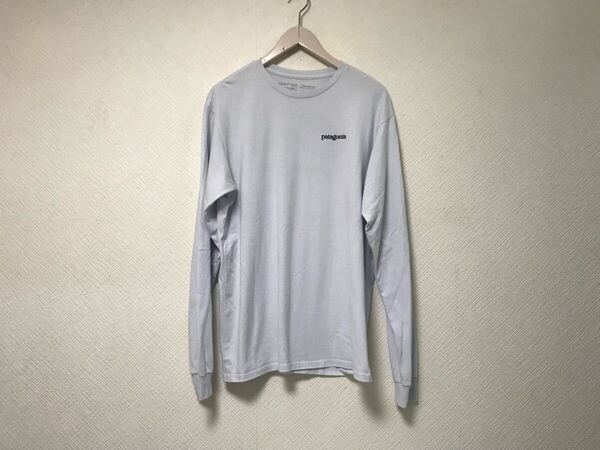 本物パタゴニアPatagoniaコットンロゴ文字プリント長袖ロンTシャツメンズサーフアメカジミリタリーワークゴルフM青ライトブルーメキシコ製