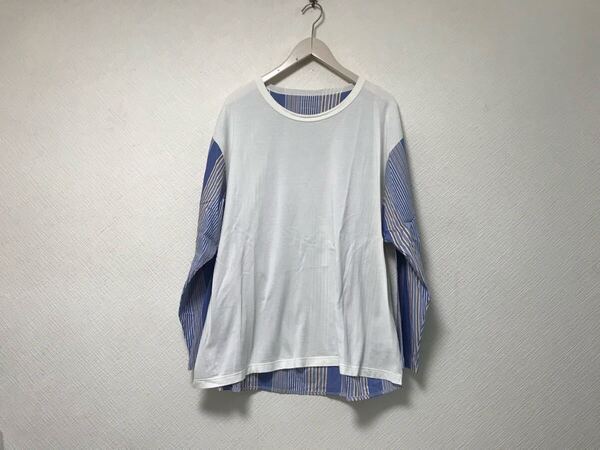 本物ソフネットSOPH.NETコットン切り替えシャツストライプ柄長袖ロンTシャツメンズサーフアメカジミリタリーゴルフ白ホワイト青ブルーL