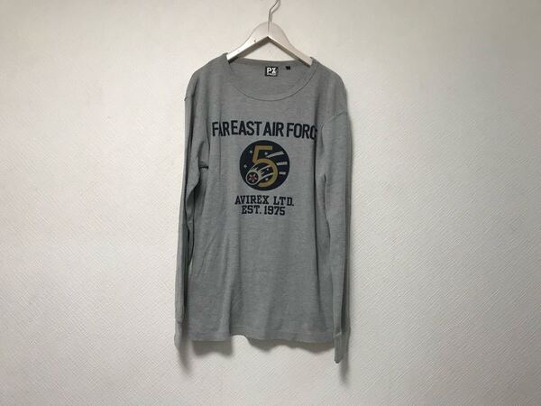 本物アヴィレックスAVIREXコットンプリントワッフル長袖ロンTシャツメンズサーフアメカジミリタリーワークドレスグレーXL