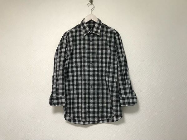 美品本物ランバンコレクションLANVIN COLLECTIONコットンチェック柄ドレス長袖シャツメンズビジネススーツ黒ブラック白ホワイトM日本製