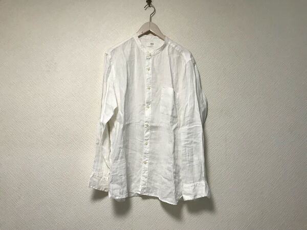 本物ユニクロUNIQLOリネン麻スタンドカラードレス長袖シャツメンズサーフアメカジワークビジネススーツモードドレスゴルフ白ホワイトXL