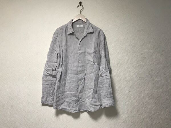 本物ユニクロUNIQLOリネン麻長袖シャツメンズサーフアメカジミリタリーストリートスケーターワークビジネススーツゴルフライトグレーXL