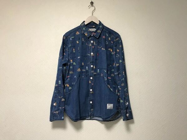 本物ジーアールエヌgrnコットンプリント柄デニム長袖シャツメンズサーフアメカジミリタリーストリートワークビジネス紺ネイビーM2
