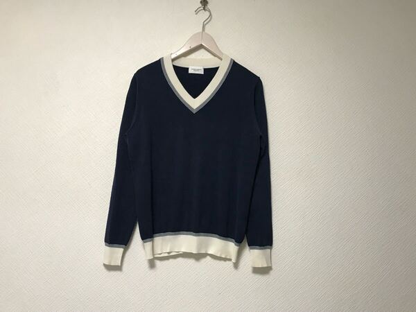 本物ユナイテッドアローズUNITEDARROWSコットンシルクVネックネックニット長袖セーターメンズビジネススーツドレスゴルフ紺ネイビーS