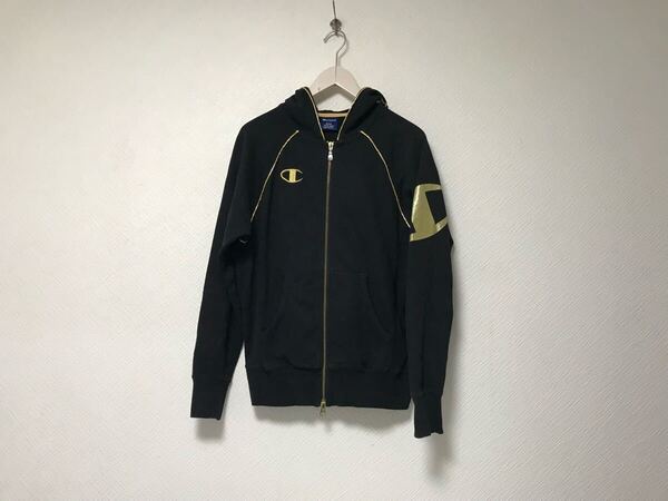 本物チャンピオンChampionコットンジップロゴ刺繍スウェットパーカー長袖メンズサーフミリタリーストリートスケーターゴルフ黒ブラックM
