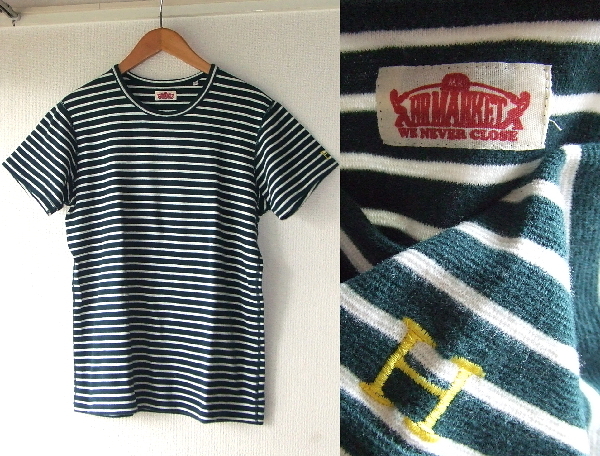 XL★ハリウッドランチマーケット★ストレッチフライス半袖Tシャツ hrm hollywood ranch marketハリラン フライス グリーン緑ホワイト白