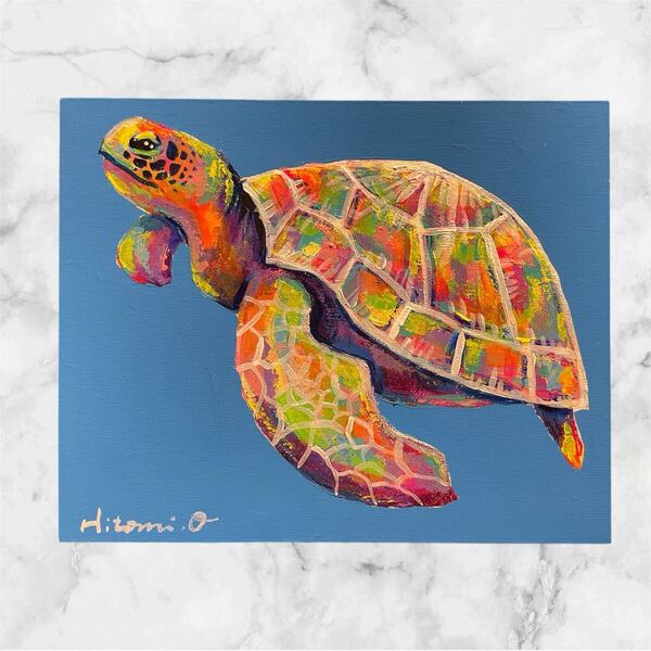 真作 絵画原画 キャンバスアート 動物画 ウミガメ 作品証明書付き