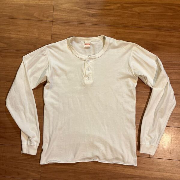 貴重 80-90s USA製 Healthknit ヘルスニット ヘンリーネック 長袖 Tシャツ 白 サイズM アメリカ製 ビンテージ made in usa ロンT