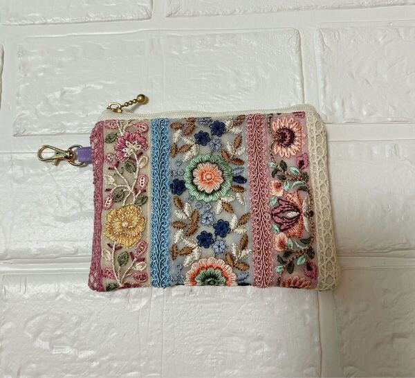 new ② インド刺繍リボン ミニポーチ コインポーチ 小物入れ 小銭入れ ハンドメイド 大人可愛い