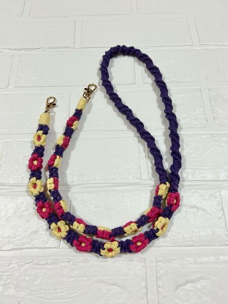 マクラメ お花ショルダーストラップ マクラメ編み ショルダーストラップ 大人可愛い ハンドメイド パープル系