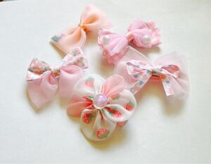 Симпатичные зажимы для волос☆Заколки для волос 5 штук в наборе♪ Розовый (4) Тканевая лента, пушистый цветок, ленточный мотив