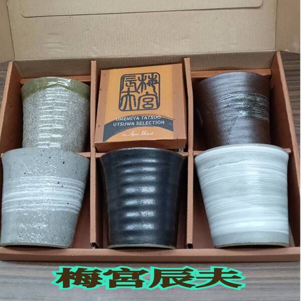 未使用 ◆ 梅宮 辰夫 ◆ 蓋付き フリーカップ 創作器 5客セット ◆ 湯呑 蕎麦猪口 茶碗蒸し ビアカップ おすすめ! 陶器 食器 箱入り