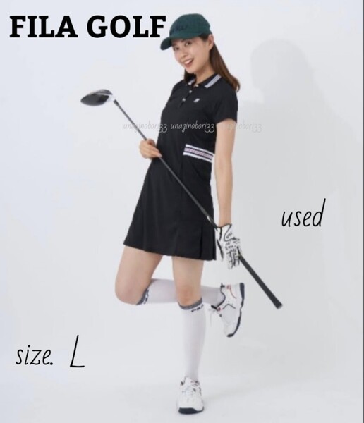 フィラゴルフ ワンピース L 黒 FILA GOLF 半袖 ゴルフウェア レディース 吸汗速乾 UVカット ポロシャツ素材 ウエストマーク 細見え 女性