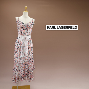 送料230円 新品カールラガーフェルド 8/13号 ピンク 白 黒 花柄 フリル リボン リゾート ロングワンピース パーティドレス 輝38J1402