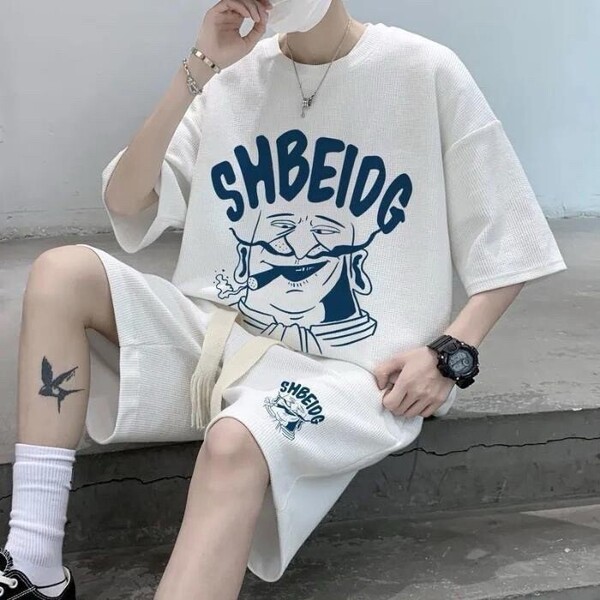 Tシャツ セットアップ メンズ オーバーサイズ 部屋着 半袖 ハーフパンツ カジュアル ストリート ルームウェア 2点 上下セット 白 夏