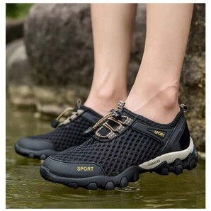 靴 s73 【 黒 25.5cm】 メッシュ 夏 川遊び 結ばない靴紐 スニーカー メンズ アウトドア マリンシューズ 水陸両用 ビーチ 水遊び 海