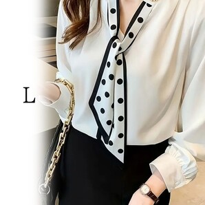 ★レディース 長袖ブラウス ネックタイ付 ポルカドット リボン付き Lサイズ