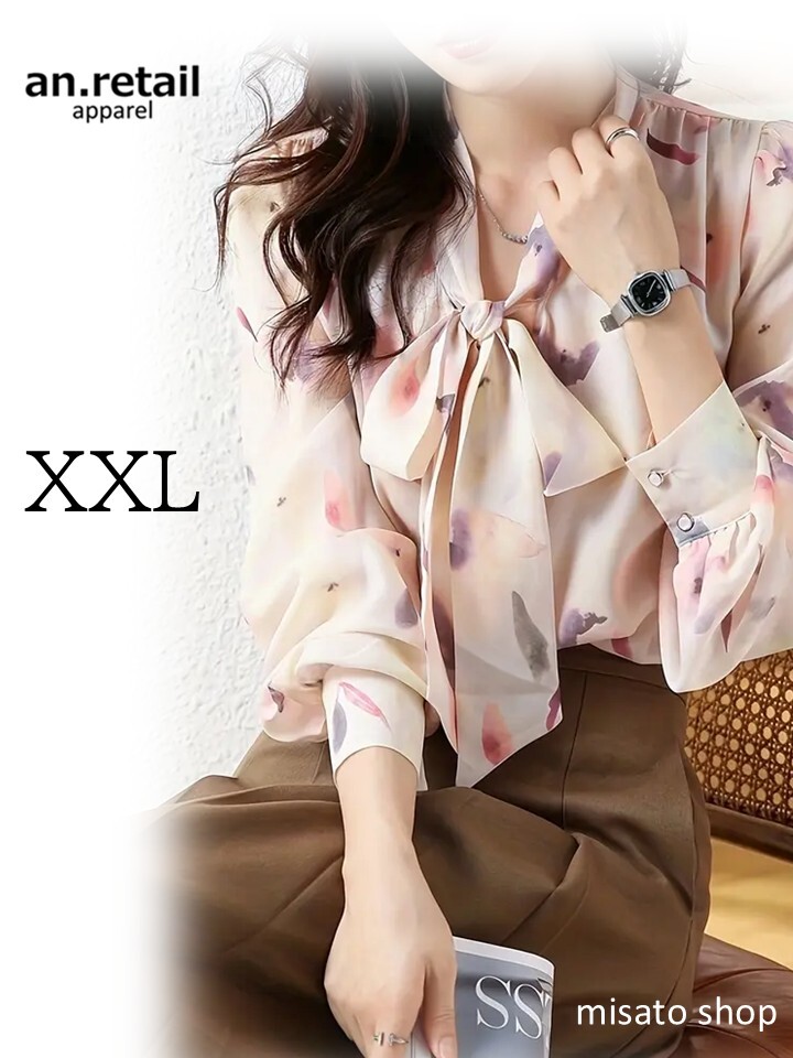 ★レディース 長袖ブラウス フローラルプリント タイネックブラウス XXL