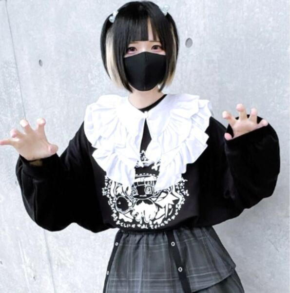 新品 ぬた。 付け襟ロゴプルオーバー Mサイズ 黒 フリル衿付き オリジナルイラスト 悪魔界隈 黒色界隈 サブカル 暗黒界隈 地雷系 量産型