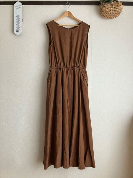 SLOVE IENA★麻混★上品★ワンピース★ノースリーブ★ロング丈★フレア★ブラウン★サイズ38(M)★裏地付き★ベルト付き★匿名発送★送料込