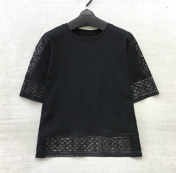 【新品】 日本製 婦人 レースデザイン カットソー 綿100% 5分袖 M-Lサイズ 送料無料 エリ開き小さめ 手洗いOK Tシャツ 黒 ブラック