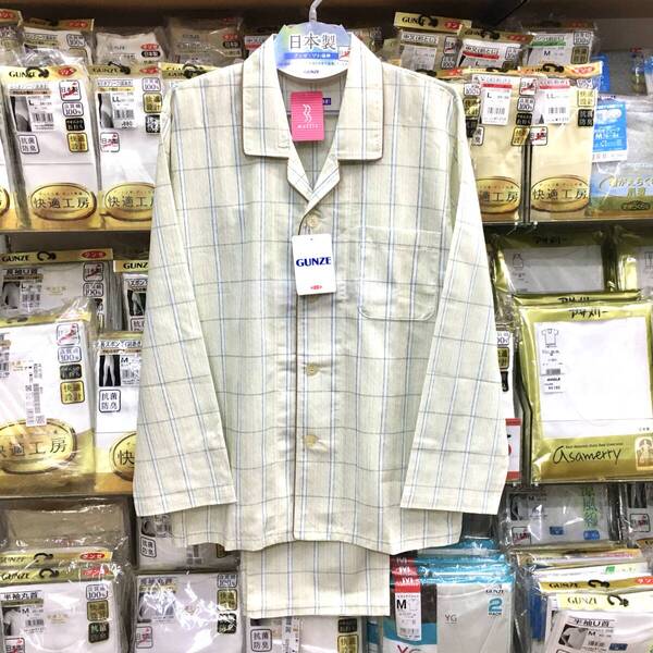 【新品】M夏涼 日本製 ●Mサイズ ●グンゼ 紳士 ● 前開き パジャマ ●送料無料② ●夏長袖 ●びわ楊柳 クレープ 綿100% ●GUNZE ¥6050