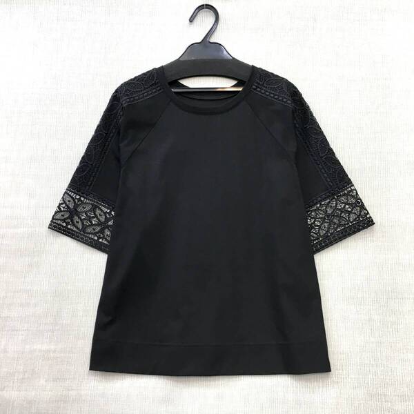 【新品】婦人 レースデザイン カットソー クールタッチ 綿100% 5分袖 Mサイズ 洗濯機OK Tシャツ 黒 ブラック ラグランスリーブ