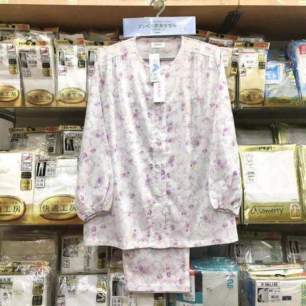 【新品】夏涼 日本製 ●Lサイズ ●グンゼ 婦人 ●前開き パジャマ ●送料無料 ●夏長袖 ●高島ちぢみ 楊柳 綿100% ●GUNZE クレープ