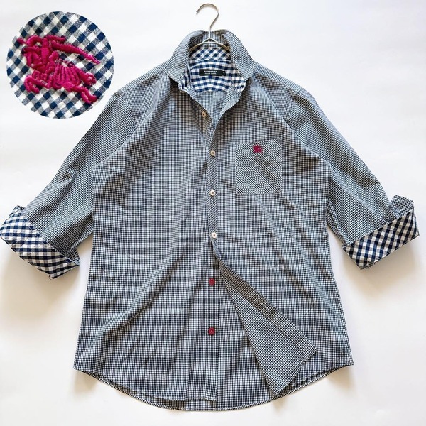 BURBERRY BLACK LABEL バーバリーブラックレーベル ノバチェック 比翼ボタン 刺繍 ホースロゴ 7分袖シャツ ギンガムチェック カッタウェイ
