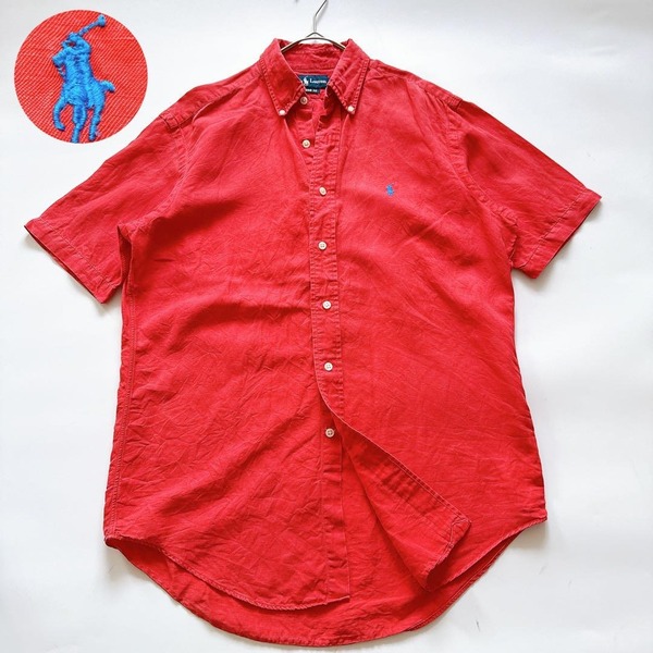 90s POLO RALPH LAUREN ポロラルフローレン 半袖シャツ CLASSIC FIT クラシックフィット ポニー刺繍 麻 リネン シルク 赤 レッド