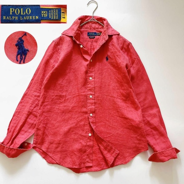 現行QRタグ POLO Ralph Lauren ポロラルフローレン リネン100% 麻 長袖シャツ ポニー刺繍 ホースロゴ XXS ピンク アメカジ