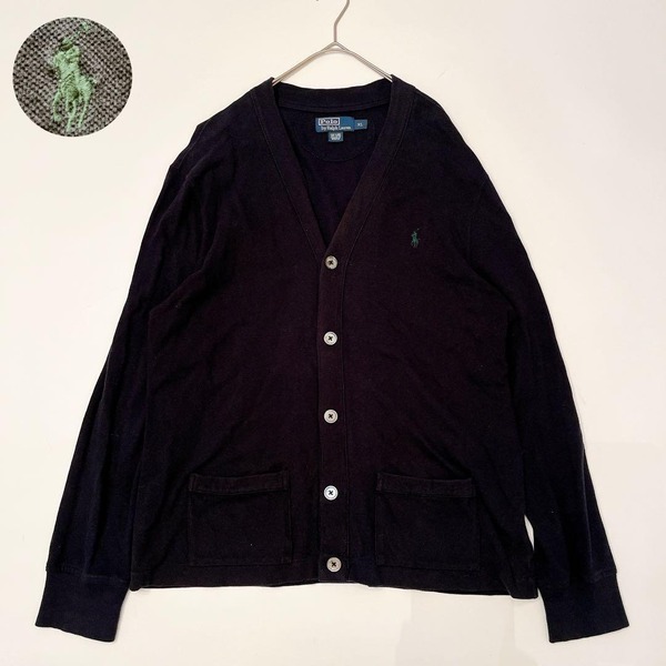 POLO by Ralph Lauren ポロバイラルフローレン Vネックカーディガン ポニー刺繍 ホースロゴ コットン100 ネイビー 紺 XL 古着 80s 90s
