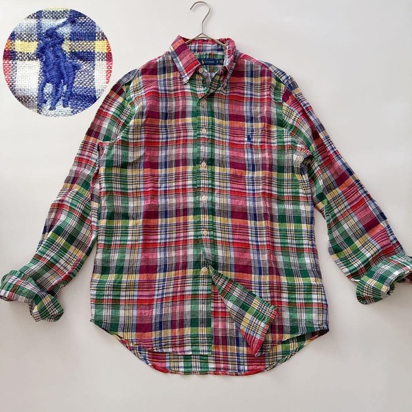 POLO RALPH LAUREN ポロラルフローレン 長袖シャツ ボタンダウン BDシャツ リネン100% マドラスチェック ポニー刺繍 ホース アメカジ S M