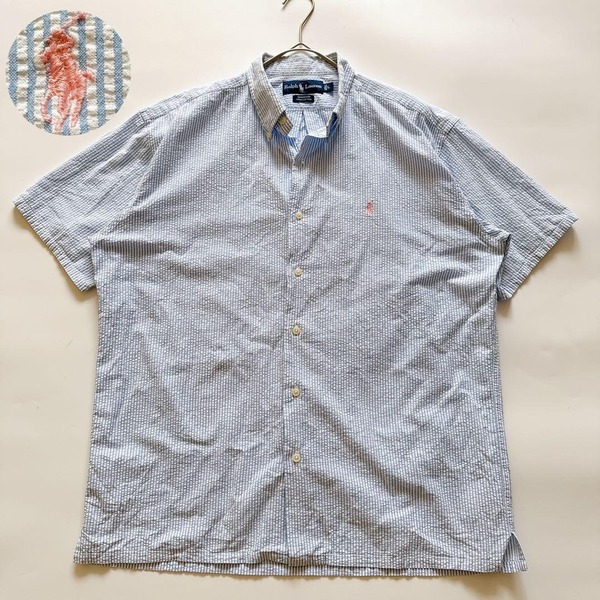 90s RALPH LAUREN ラルフローレン GREGGOR 半袖シャツ ピンクポニー ポニー刺繍 ブルーストライプ シアサッカー 夏素材