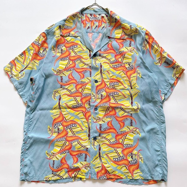 SUN SURF サンサーフ アロハシャツ HANGING HELICONIA ヘリコニア柄 花柄 総柄 オープンカラー レーヨン XL 半袖 東洋エンタープライズ